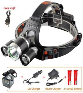 2019 T6 2R5 LED Headlamps Headlight Headlamp Head Lamp Light 4mode torch 2x18650 battery EU/US Car charger for fishing Lights3206252