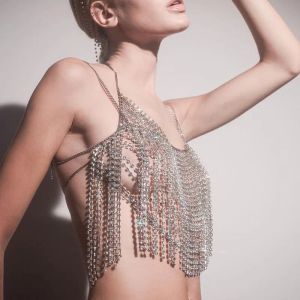Camis Luxury Rhinestone Tassel Body Harness Bröstkedjan Bh Top Crystal Lingerie Bikini Sexig kroppsmycken för Women Festival Gift