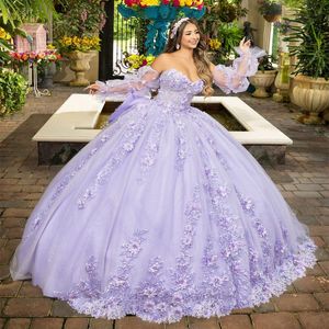 Lätt lavendels paljett applikationer pärlor glänsande kristall från axelbollklänningen quinceanera klänningar bow korsett vestidos de 15 anos
