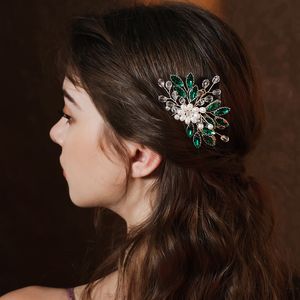 Handmade Bridal Wedding Hair Clip Pearl Rhinestone Green U Shaped Hair Pins Accessory For Women Girls