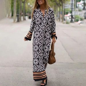 Vestido de moda impressão manga longa lado divisão maxi vestido para mulheres sexy decote em v solto causal robe feminino elegante streetwear vestidos