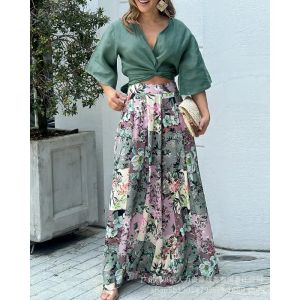 Suits 2023 Spring Summer New Women's Clothing Dark Green Short Button Top Suit Full Body Floral Wide Leg Trousers 2Piece Set