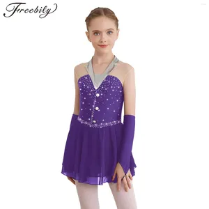 Stage Wear Kids Girls Figure Skating Dance Dress Ballet Gymnastics Latin Cha-cha Performance Dancewear Shiny Mesh Leotard Tutu With Gloves