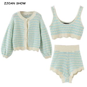 Cardigans 2021 Vintage Knit Set Korea Style Contrast Color Strips Knitted Cardigan Singlebreasted Button Sweater High waist Mini Shorts