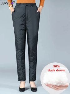 Capris High Waist 80% Duck Down Black Pants Women New Winter Thicken Elegant Baggy Trousers Oversized 5xl Warm Straight Pants For 100kg