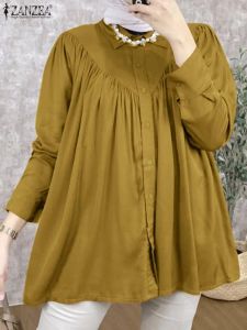 Toppar zanzea muslimsk skjorta mode solid dubai kalkon abaya hijab toppar islamiska kläder kvinnor vintage lapel hals långärmad blus