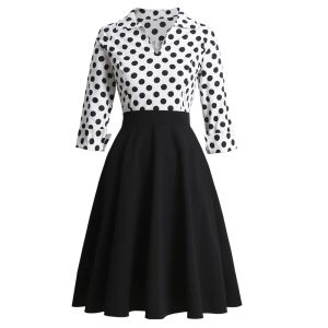 Klänning vinter bomull kvinnor rockabilly klänning retro 50s 60 -tal vit svart polka pricktryck sundress lapptäcke 3/4 hylsa stift upp swing jurkken