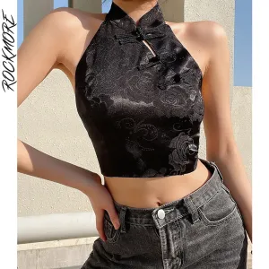 Camis Rockmore Vintage Halter Crop Top Women Chinese Cheongsam Style Camis Streetwear Sexig Backless Tieup Corset Tops Gothic 2021