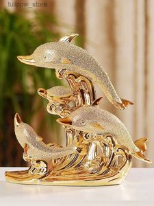 Decorative Objects Figurines Home And Decoration European Wedding Decorated Crafts Room Decoration Handicraft Ceramic Gold Dolphins DecorationsL240306