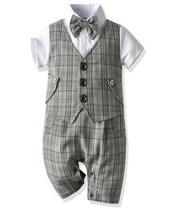 Baby Boy Christening Birthday Outfit Kids Plaid Suits Newborn Gentleman Wedding Bowtie Formal Clothes Infant Summer Clothing Set Y7816414