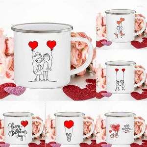 Tassen Cartoon Junge Mädchen Druck Paar Becher Kreative Emaille Liebhaber Kaffeetasse Trinken Dessert Milch Tassen Griff Trinkgeschirr Valentinstag geschenk