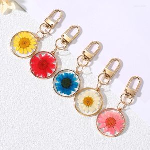 Keychains Pressed Natural Real Dried Flower Daisy Daffodils Blossom Petal Resin Pendant Key Chain Metal Rotationable Ring Holder