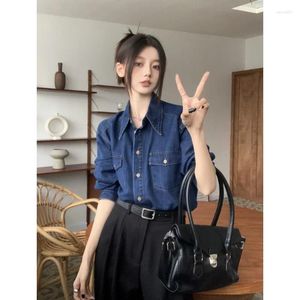 Women's Blouses Women Shirts Vintage Dark Blue Denim Shirt Woman Spring Loose Versatile Long Sleeve Jacket Casual Top Female Clothing