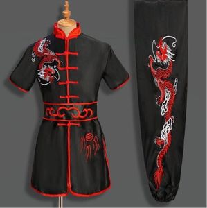 Горячая распродажа, новый китайский стиль для мужчин и женщин, вышитый дракон, костюм кунг-фу, униформа для тай-чи, ушу, спортивная куртка с коротким рукавом, комплекты брюк