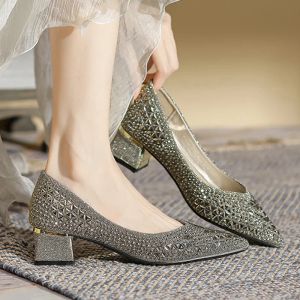 Vestidos 5cm chunky sapatos de salto alto senhoras glitter cravejado bombas mulheres cristal apontou toe tacones mujer vestido de escritório escarpins femme