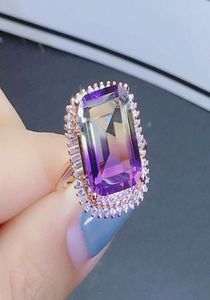 Luxury Square Purple Crystal Amethyst Citrine Gemstones Diamonds Rings for Women Rose Gold Tone Jewelry Bijoux Bague Party Gifts2791062