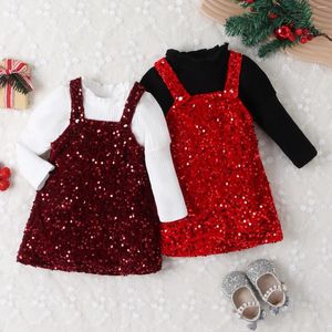 Set di abbigliamento FOCUSNORM 0-4Y Bambino Bambini Ragazza Vestiti di Natale A coste Maniche lunghe a sbuffo Top Paillettes Abito con bretelle 2 pezzi