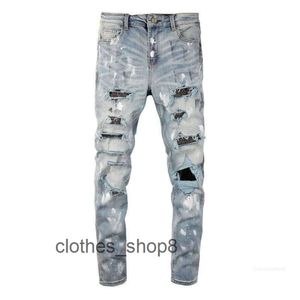 Denim Amirs Jeans Designer Calças Homem Queda 6626 Splash Am Blue Diamond Moda Mens Desgastado e Slim Stretch Pés 75KL
