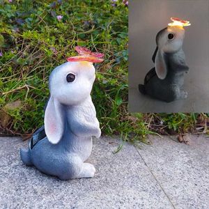 Dekorativa föremål Figurer Creative Simulation of Butterfly Rabbit Solar Light Decorations For Home Garden Courtyard and Kindergarten Landscaping T240306