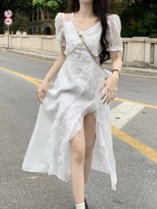 Платье белое сексуальное платье женское с разрезом по бокам летнее платье с пышными рукавами французское темпераментное облегающее платье для девочек с высокой талией женская модная одежда Vestidos