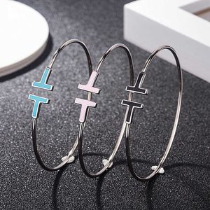 Designer Korean S925 Sterling Silver Double T letter enamel glue dropping Bracelet female personality versatile net red same open