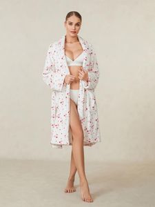 Женская одежда для сна, женский пушистый плюшевый халат Y2k, милый флисовый халат миди с длинными рукавами и принтом вишни, поясом, мягким флисовым халатом миди с карманами