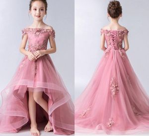 Lace Embroidery Flowers Girl Dresses 2022 Boat Neckline Hand Made Flowers High Low Ruffle Girls Pageant Dress Prom Party Evening G8303333