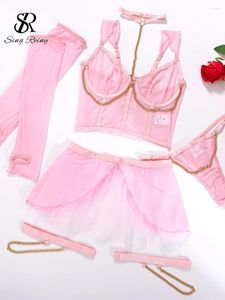 Bras Sets SINGREINY Transparent Mesh Sexy Underwear Women Fashion Backless Lingerie Suits 2024 Cosplay Chain Halter Erotic Nightwear