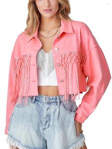 Coletes femininos Mulheres Oversized Denim Jacket com detalhe de franja e mangas rasgadas - Elegante manga comprida Jean Casaco Outwear