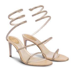 2024 Summer Luxury Renecaovilla Satin Evening Heel Sandals Shoes Cleo Rhinestone-Covered Snake-Head Finish High Heels Bridal Wedding Dress Gladiator Sandalias