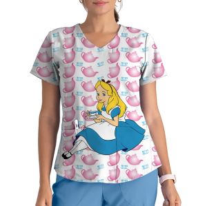 Kleid Bedruckte Krankenschwesteruniform Damen Alice im Wunderland Kurzarm V-Ausschnitt Scrub Top Veterinär-Pflegeuniform Therapeutenuniform