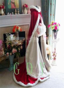 Winter Fur Bridal Wraps Jackets with Hat Red and White Floor Length Two Pieces Long Wedding Cloak Capes Bolero 7755822