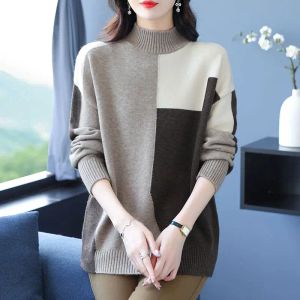 Pullovers Women's Autumn Winter Pullover Turtleneck Contrast Screw Thread Long Sleeve Sweater Knitted Fashion Office Lady Undershirt Tops