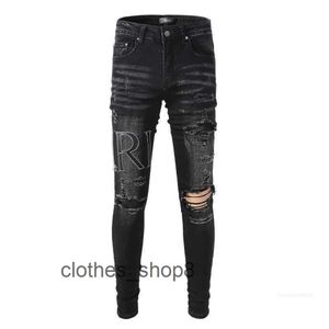 Denim Amirs Jeans Designer Pants Man Fall 2024 New Mens Black Broken Embroidery Patch Elastic Slim Fit Leggings OUYN