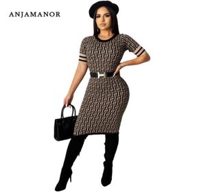 Anjamanor Fall Winter 2020 Letter Print Knited Sweter Sukienka Seksowna elegancka krótkie rękawe sukienki midi bodycon