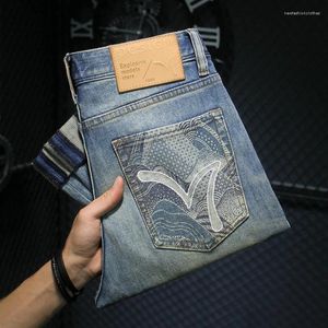 Jeans masculinos high street high-end lavado personalizado bordado artesanato retro fino reto casual calças combinando