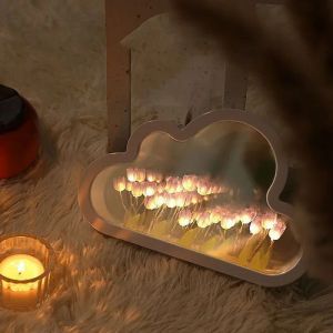 DIY 나이트 라이트 미러 클라우드 모양 튤립 램프 창조적 인 사진 프레임 거울 소녀 침실 장식품 수제 생일 선물