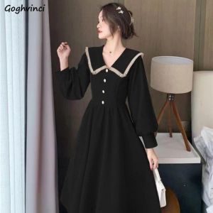 Klänning Lantern Sleeve Dress Women Elegant French Style Sweet Vintage Autumn Peter Pan Collar Temper Princess Girlish Vestidos Lace Chic