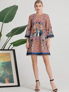 Spring Autumn Loose Vintage Dress Women Three Quarter Sleeves Beading Retro Printed Runway Party Mini Expansion Vestidos