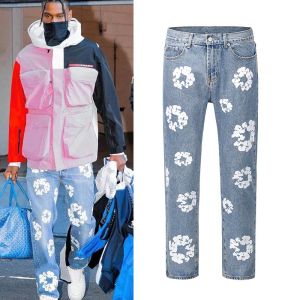 Flower Full Print Jeans byxor överdimensionerade streetwear raka casual män och kvinnor denim byxor