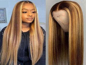Wysokiej jakości brazylijska Bown mieszana blond peruka długa prosta środkowa część z atrakcjami dla kobiet syntetyczny koronkowy przedni Wig6808988