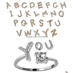 Кольца-группы, модные регулируемые кольца с 26 буквами для женщин, кольцо с кристаллами английского алфавита, золотое кольцо Sier, ювелирное изделие, подарок, Прямая доставка J Dhjej