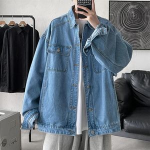 Erkek moda trend saf renk mavi denim ceketler gevşek gündelik uzun kollu dış giyim cep katları artı boyut M-2xl 240301