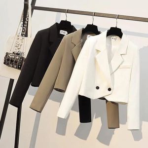 Lucyever Women Cropped Blazer Coat Vintage Long Sleeve Notched Collar Woman Outerwear Korean Fashion Double Breasted Suit Jacket 240228