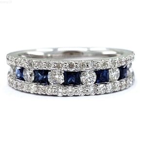 Drop Transport Nyaste stil toppkvalitet 18K Solid White Gold Real Diamond Princess Cut Blue Sapphire Stone Band Ring for Women