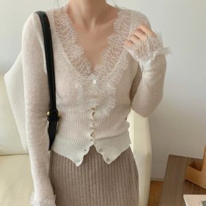 Cardigans highfashion kawaii botton up spets lapptäcke stickat cardigan kvinnor höst vinter damer elegant vintage tröja billigt grossist