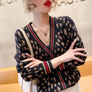 Cardigans Lady Knitted Cardigan Retro V Neck Leopard Contrast Stripe Long Sleeves Sweater Wholesale Autumn 2022 Vintage Female Clothes