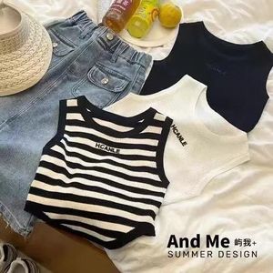 Branco listras roupa interior sem mangas camiseta moda meninas bonito topo crianças roupas de verão para meninas preto tanques 240301