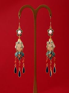 Dangle Chandelier Chinese Style Enamel Natural Wada Jade Stone Long Earring For Women Aesthetic Art Vintage Nation Jewelry Tasse9287277