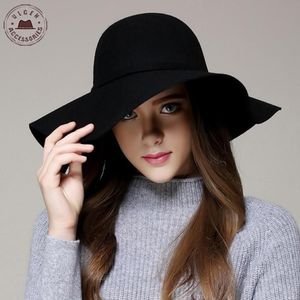 Mode vinter fedora hattar för kvinnor hatt vintage bowler jazz topp cap file wide breim floppy sun strand kashmir keps255r